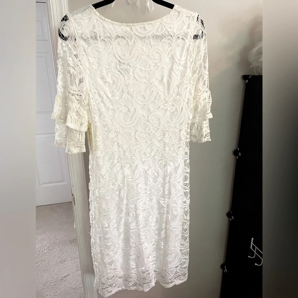 TACERA Ivory dress L w/sheer arm & hem Double bell sleeves NWT knee length - Picture 4 of 9